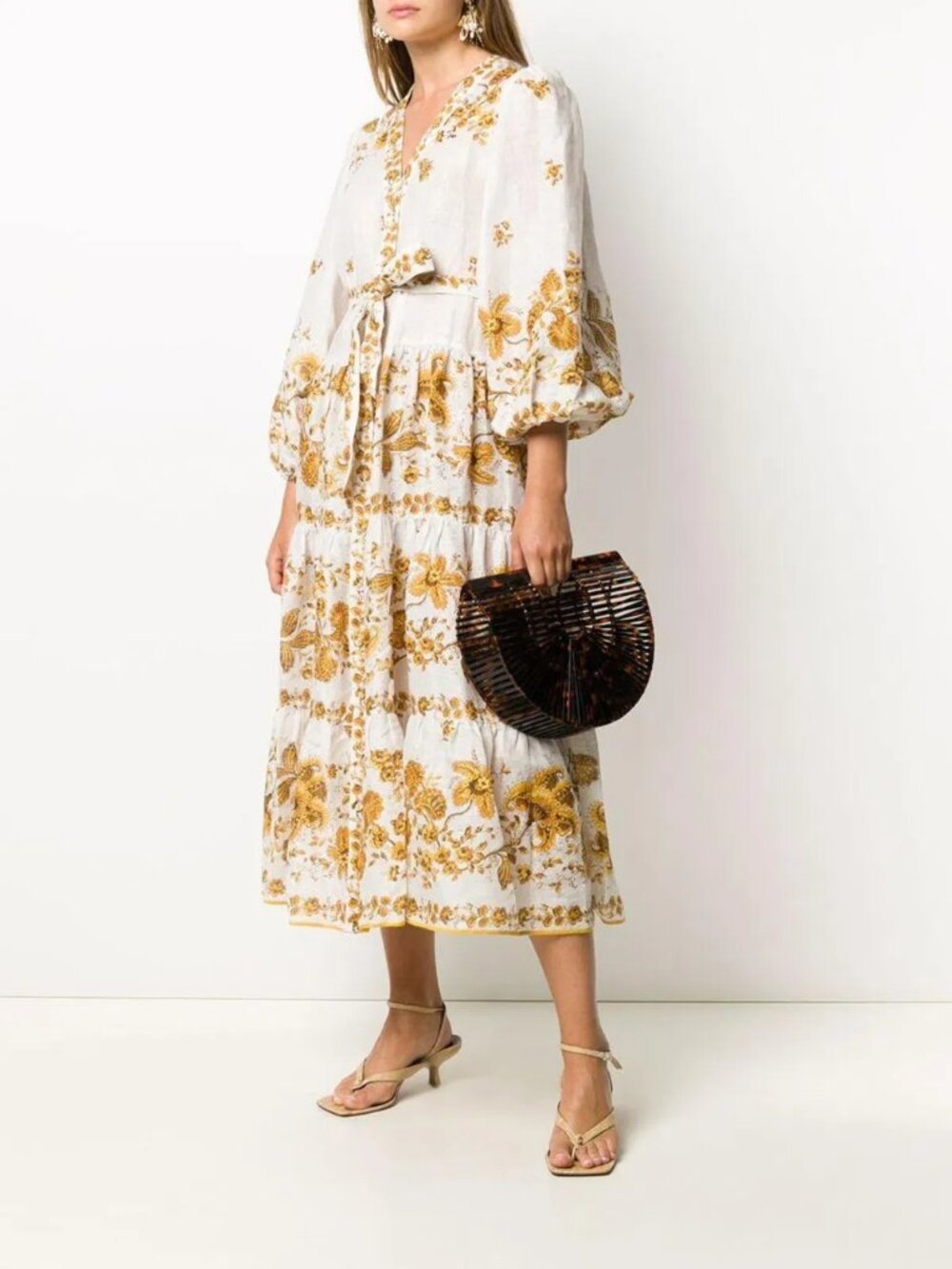 Zimmermann Amelie Tiered Linen Maxi Dress Gold Floral Belted Size 0 US 4